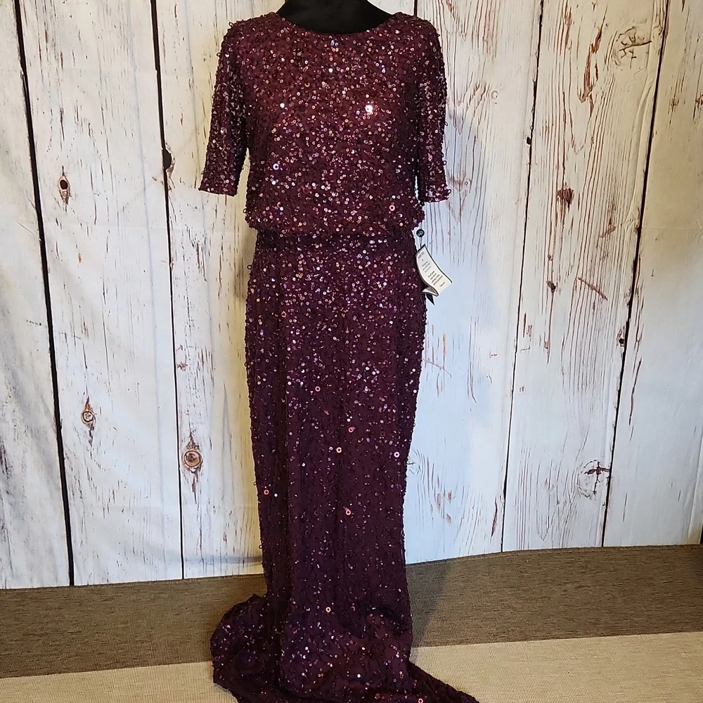 Adrianna Papell Beaded Long Blouson Dress Cassis 8 NWT - Picture 2 of 16